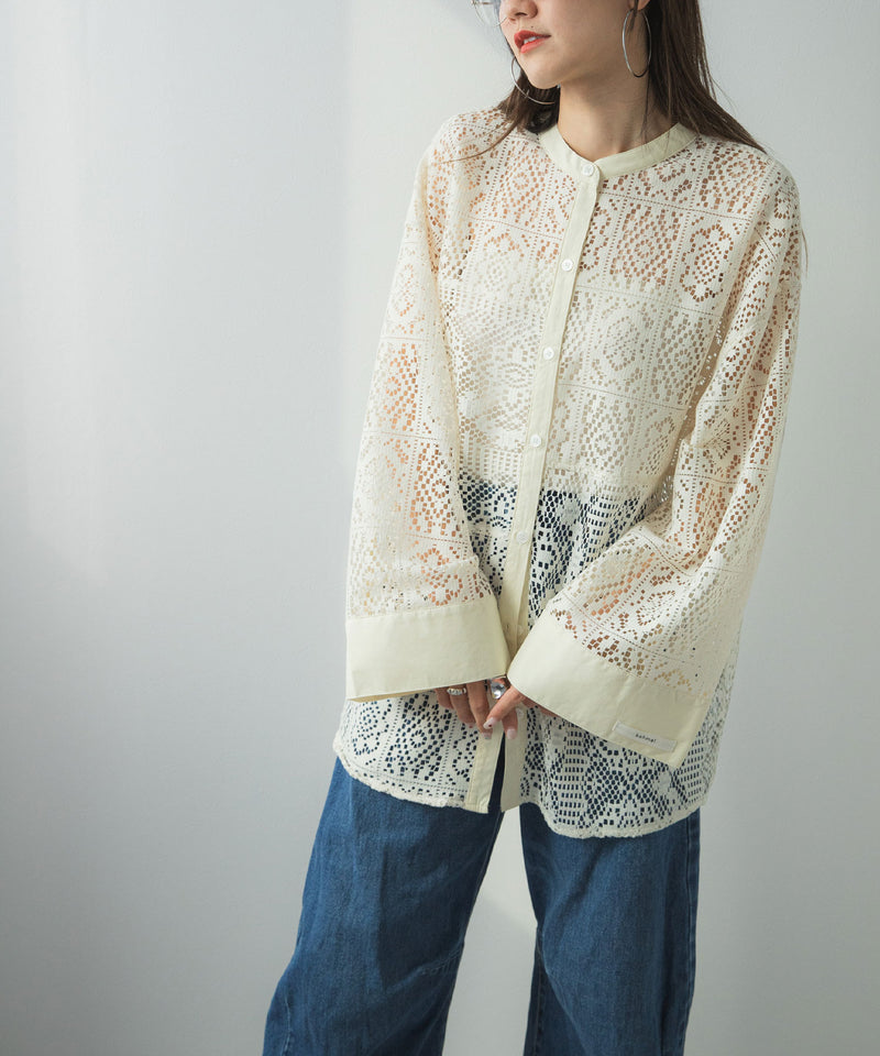【最上もが着用】パッチワークレースオーバーサイズシャツ【OSN】