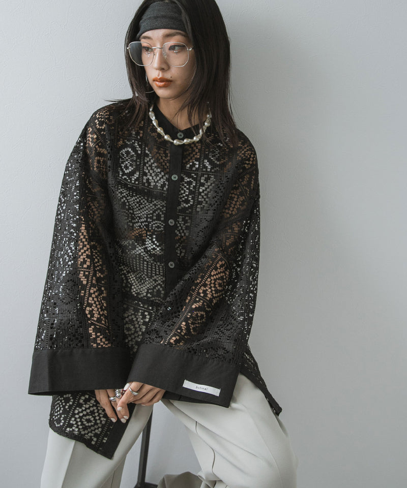 【最上もが着用】パッチワークレースオーバーサイズシャツ【OSN】