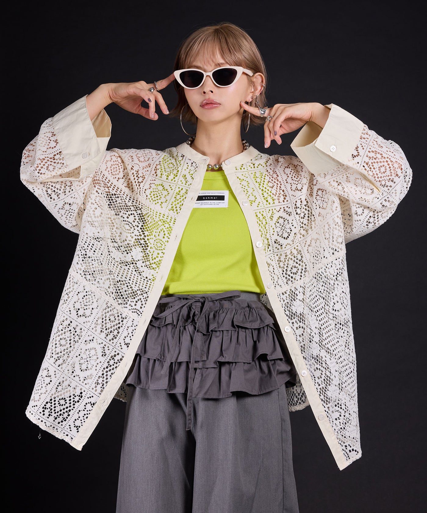 最上もが着用】パッチワークレースオーバーサイズシャツ【OSN
