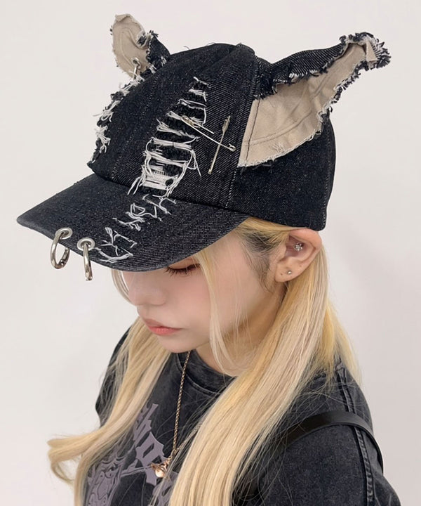 ピアス付ダメージ加工ネコキャップ帽子