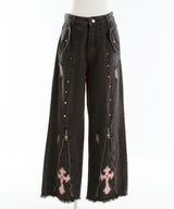 スタッズピンク十字架デニムパンツ