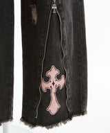 スタッズピンク十字架デニムパンツ