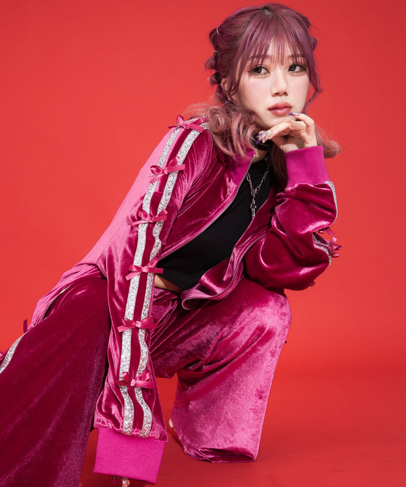 即完売♥激レア♥Redy♥花柄♥ビーズ×ビジュー♥ベロアパーカー♥セットアップ♥ ビジューラインスタンドカラーベロアジャージパーカー【セットアップ可