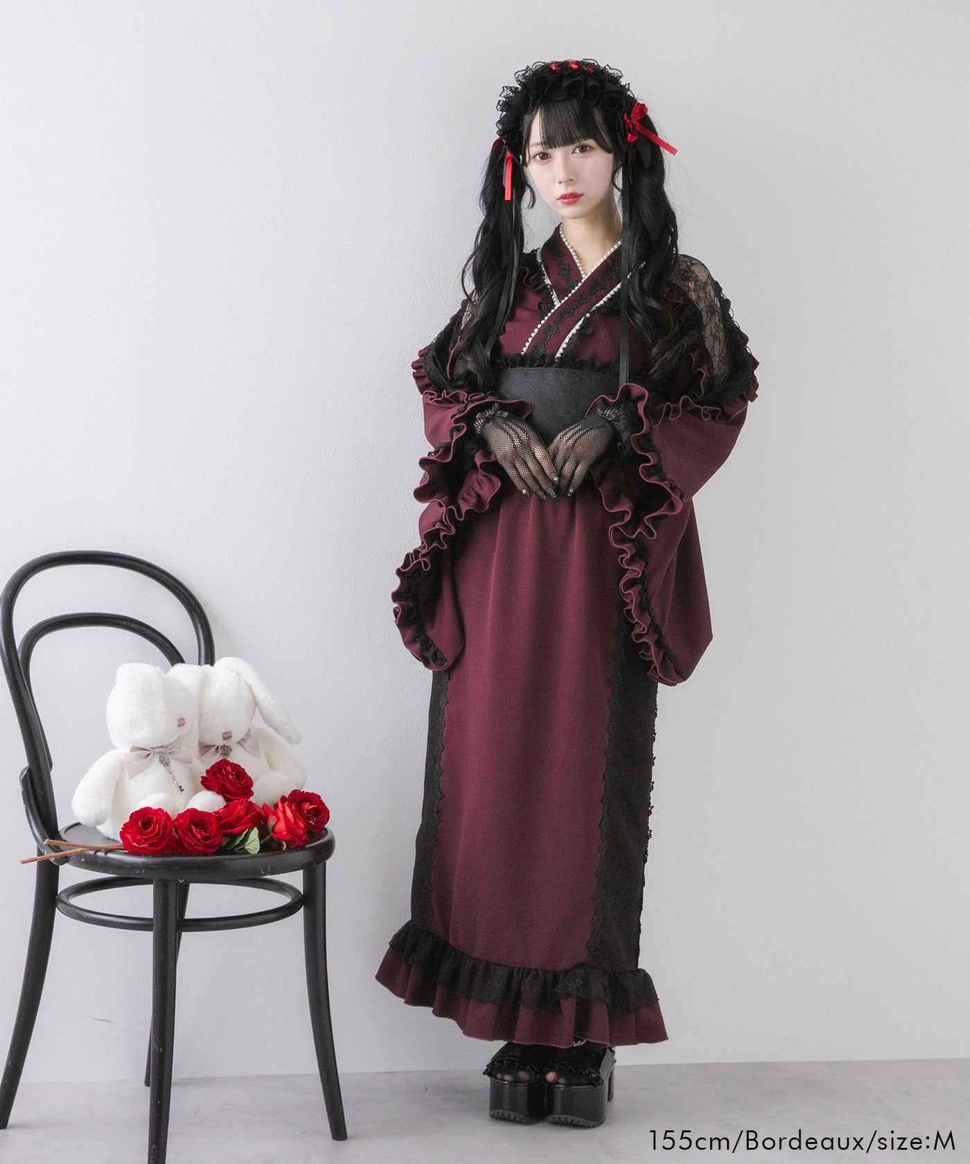 夢展望 バラパール十字架レースフリル浴衣 ボルドー 赤 レッド Timesale対象】【送料無料】バラパール十字架レースフリル浴衣