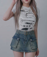 【メール便】プリントクロップド丈半袖Tシャツ