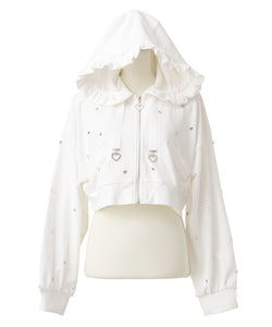 ハートドットビジューフリルショートパーカー