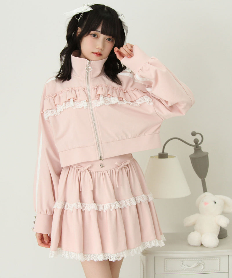 ハイネックフリルレースリボンパーカー