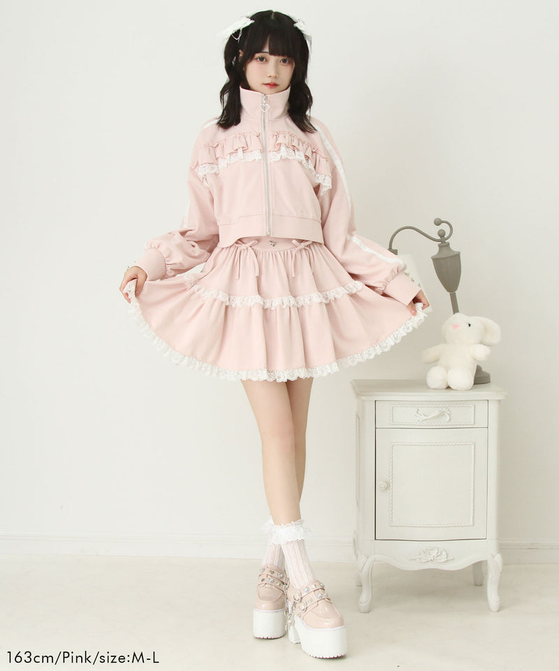 ハイネックフリルレースリボンパーカー