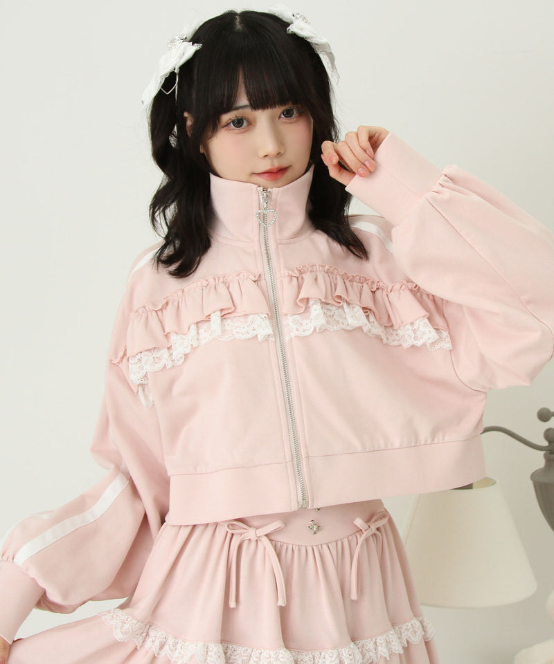 ハイネックフリルレースリボンパーカー