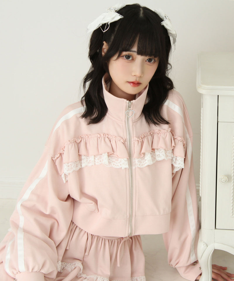 ハイネックフリルレースリボンパーカー