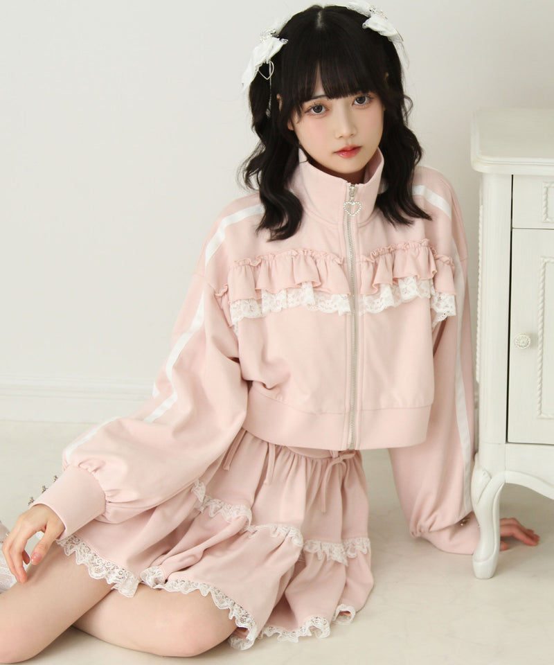 ハイネックフリルレースリボンパーカー