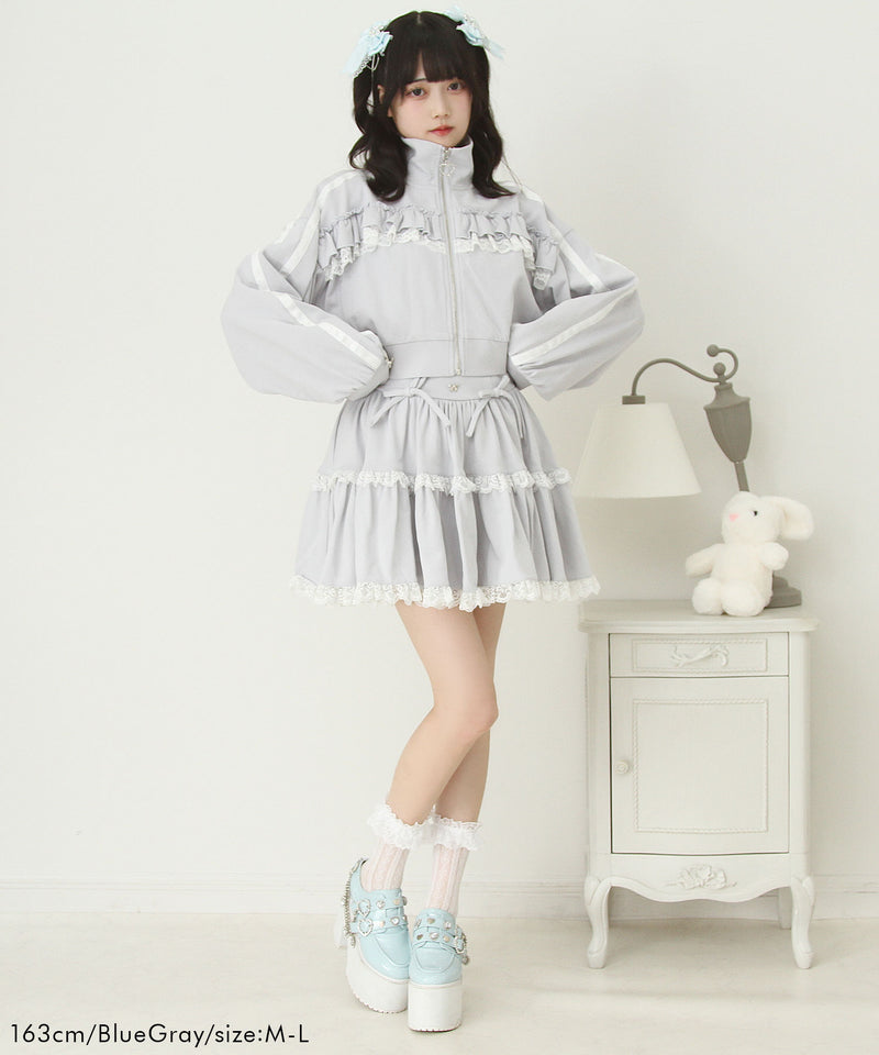 ハイネックフリルレースリボンパーカー