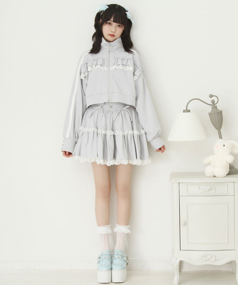 ハイネックフリルレースリボンパーカー