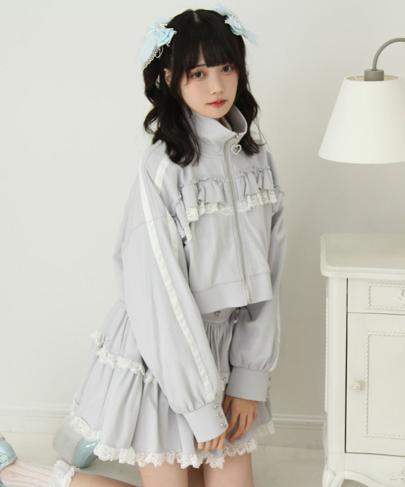 ハイネックフリルレースリボンパーカー
