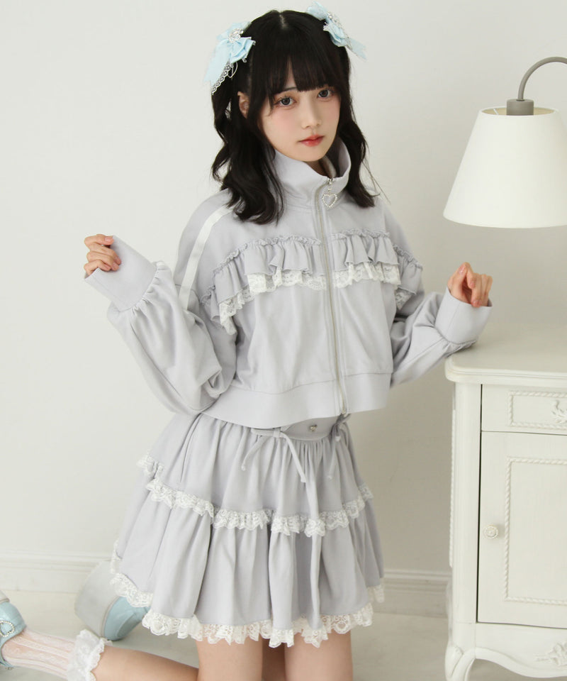 ハイネックフリルレースリボンパーカー