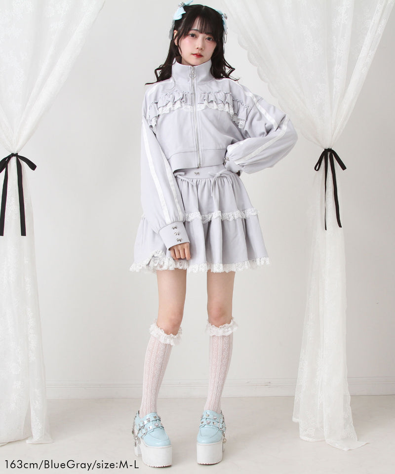 ハイネックフリルレースリボンパーカー