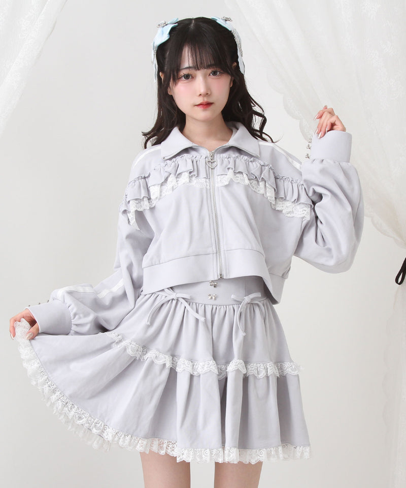 ハイネックフリルレースリボンパーカー