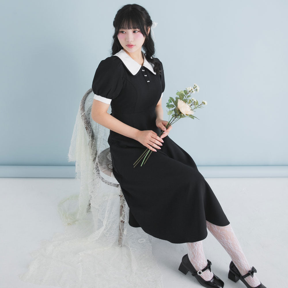 配色角襟セーラーパイピングリボンワンピース【大きいサイズ有り