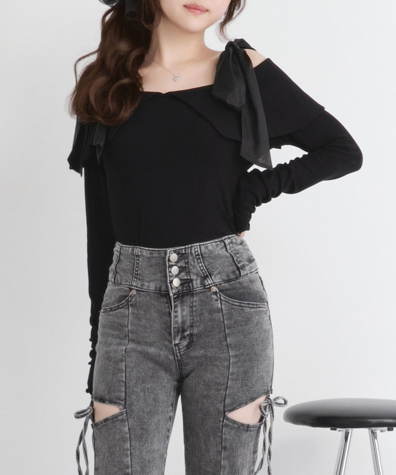 ビッグカラーオフショルリボンカットトップス
