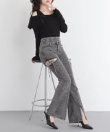 ビッグカラーオフショルリボンカットトップス