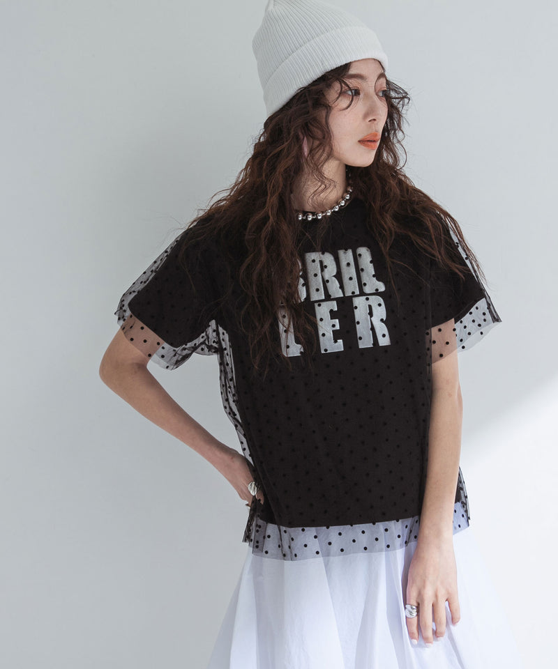 【メール便】チュールレイヤード箔プリントTシャツ
