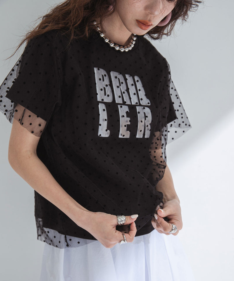 【メール便】チュールレイヤード箔プリントTシャツ