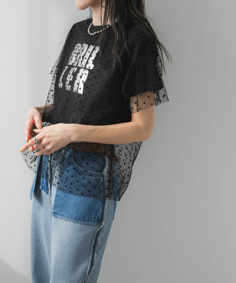 【メール便】チュールレイヤード箔プリントTシャツ