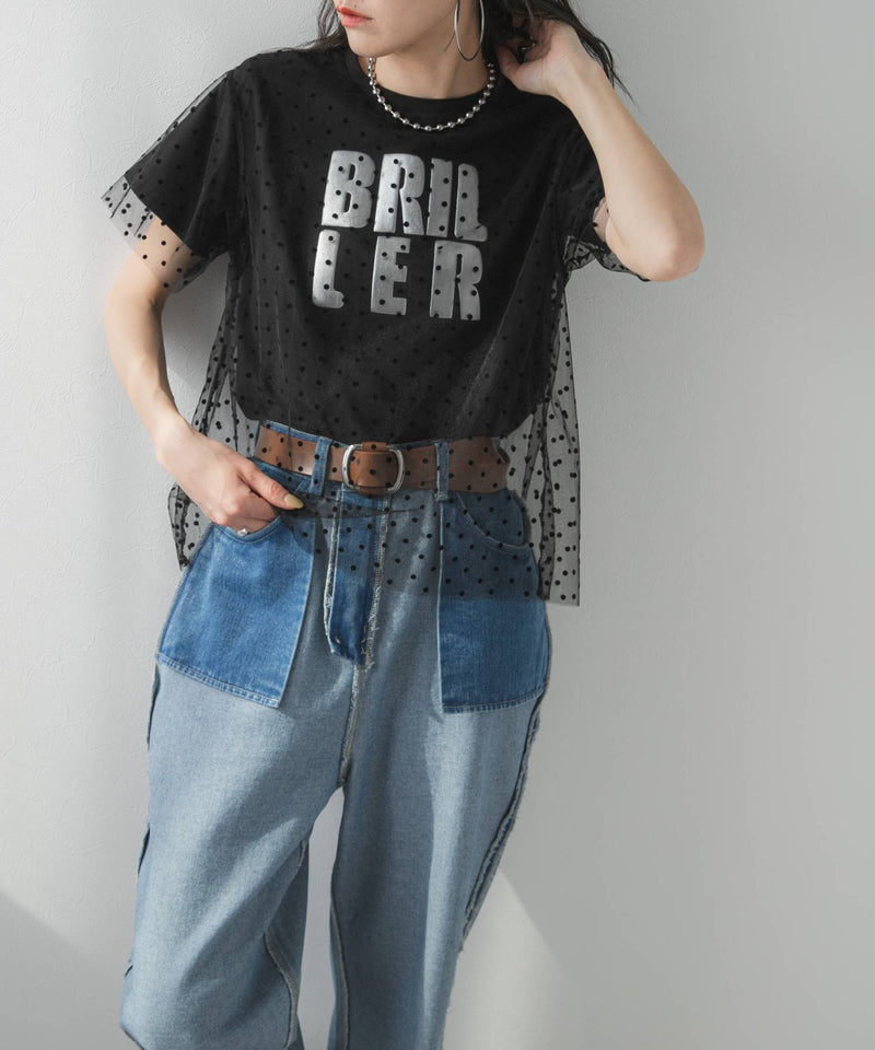 【メール便】チュールレイヤード箔プリントTシャツ