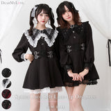 クモレース角襟ベルトレースアップワンピース