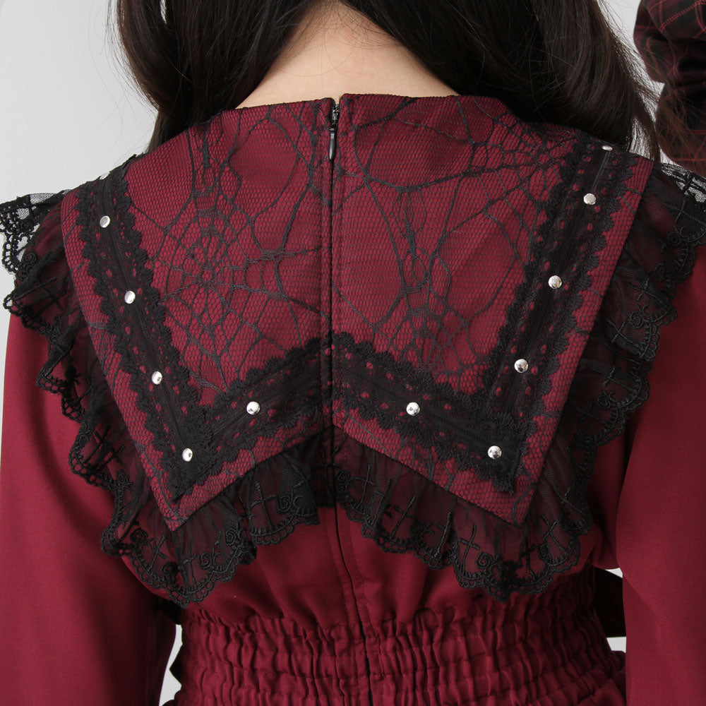 DearmyLoveクモレース角襟ベルトレースアップワンピース パープルチェック クモレース角襟ベルトレースアップワンピース – レディース