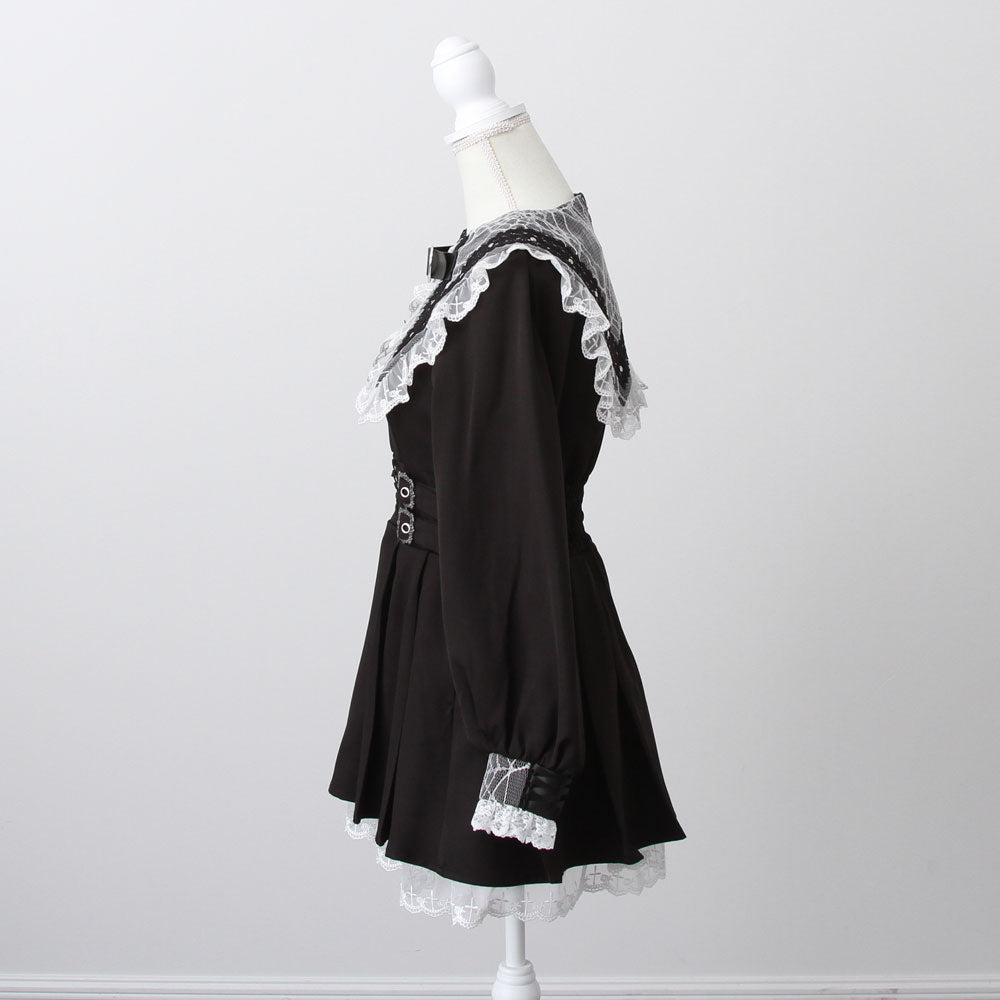 クモレース角襟ベルトレースアップワンピース – レディース