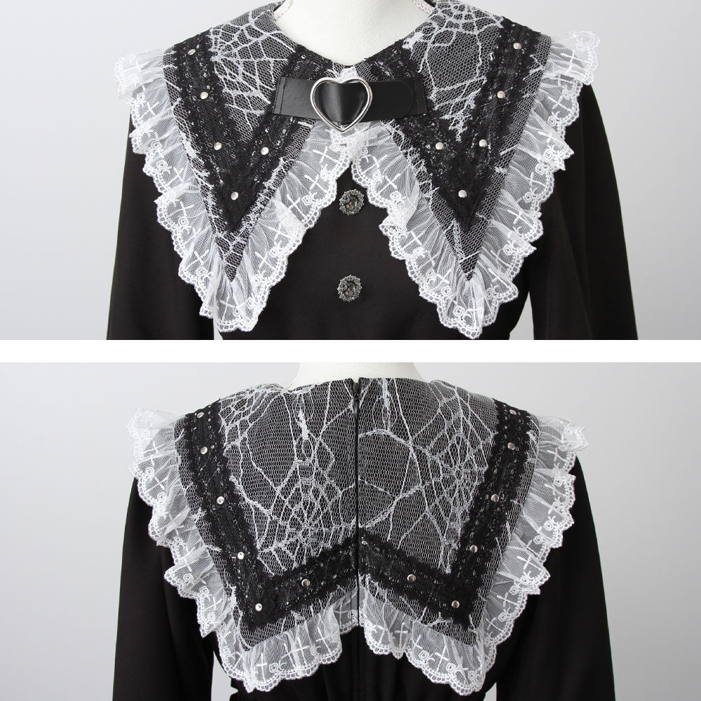 クモレース角襟ベルトレースアップワンピース – レディース