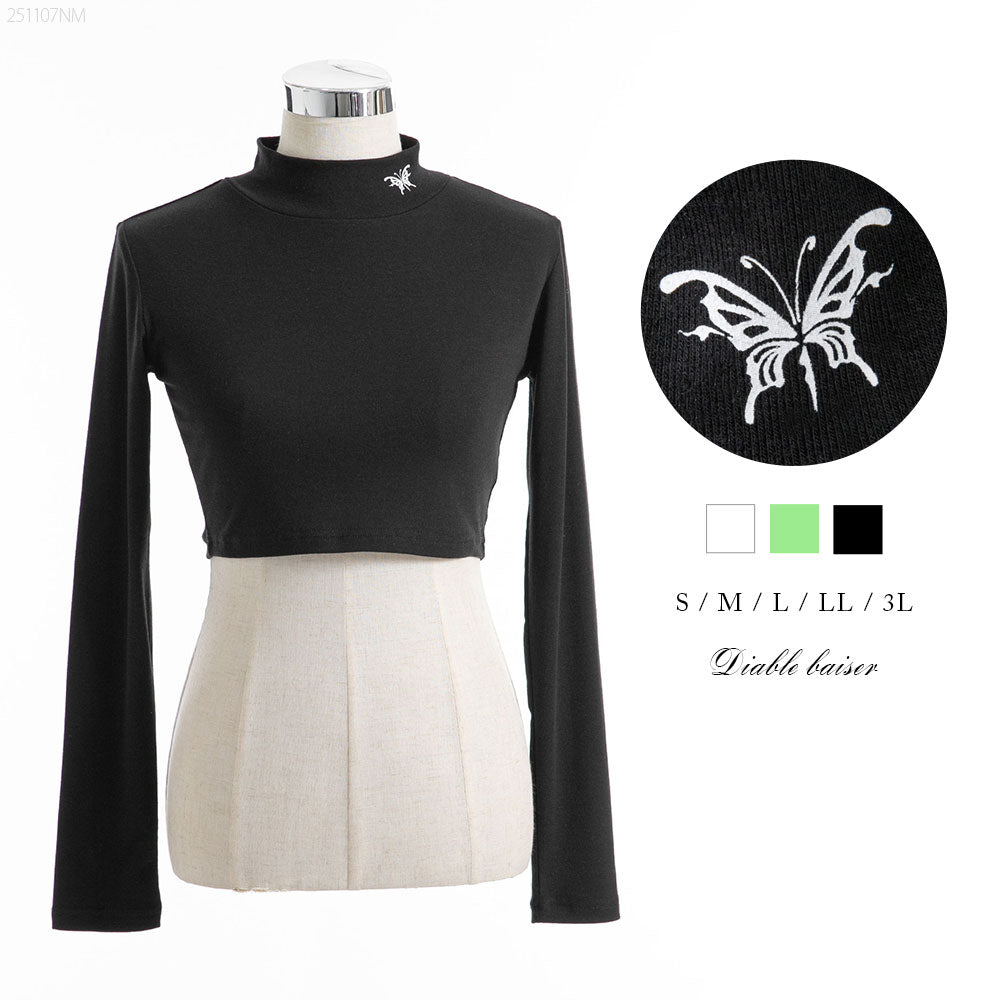 メール便】選べるタイプハイネッククロップド丈長袖カットソートップス