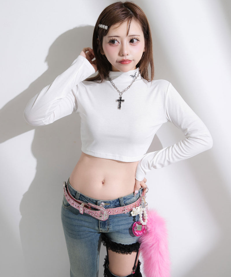 メール便】選べるタイプハイネッククロップド丈長袖カットソートップス