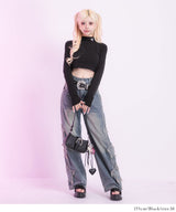 【メール便】選べるタイプハイネッククロップド丈長袖カットソートップス【大きいサイズ有】