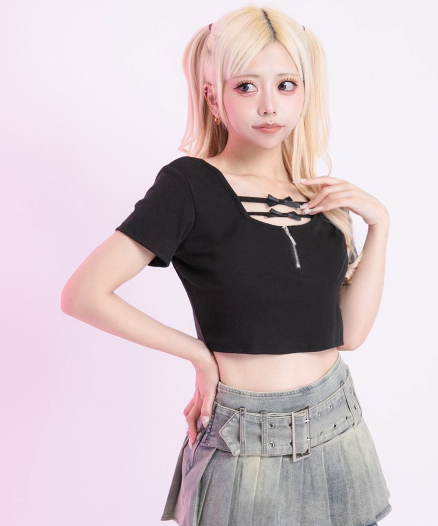 リボン付ビジュージップ半袖クロップド丈半袖カットソー【大きい