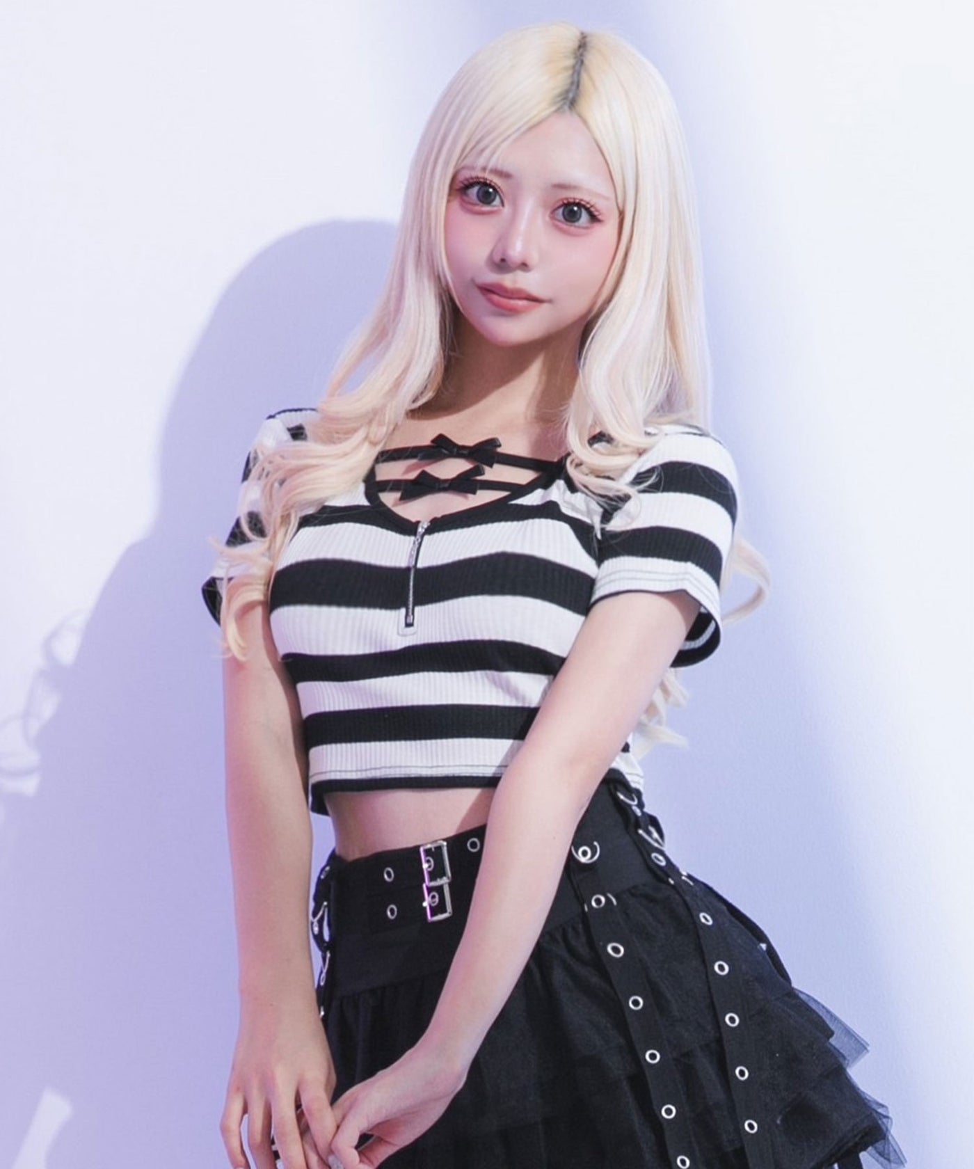 リボン付ビジュージップ半袖クロップド丈半袖カットソー【大きいサイズ 