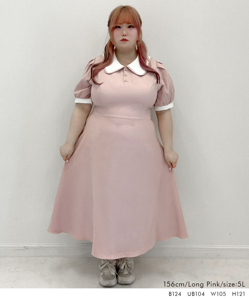 【4L~6L】配色角襟セーラーパイピングリボンワンピース