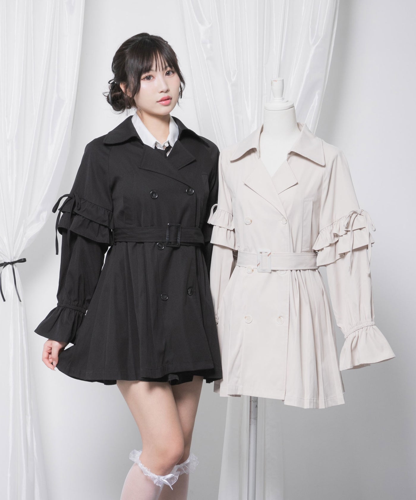 【韓国ファッション】トレンチコート ショート プリーツ バックプリーツショートトレンチコート – レディース
