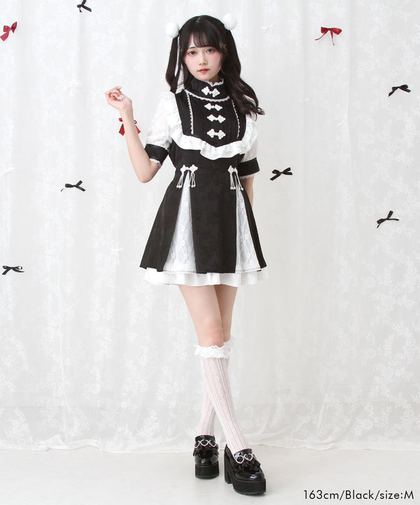 チャイナ風ヨークレースフリルジャガードワンピース