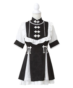 チャイナ風ヨークレースフリルジャガードワンピース