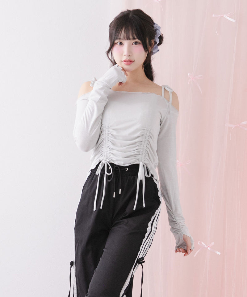 【メール便】ラメシアーオフショルカットトップス