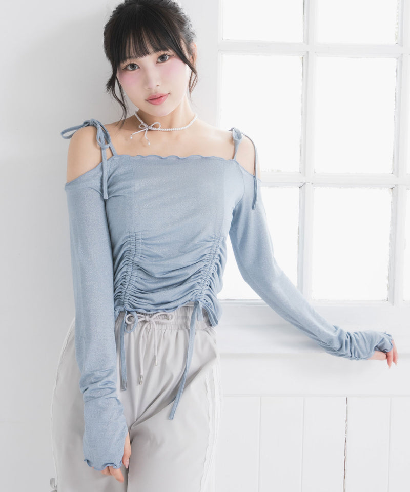 【メール便】ラメシアーオフショルカットトップス