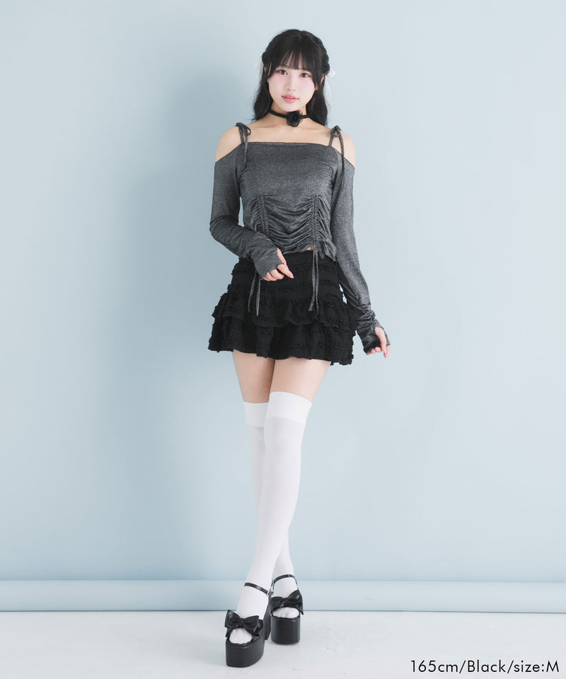 【メール便】ラメシアーオフショルカットトップス