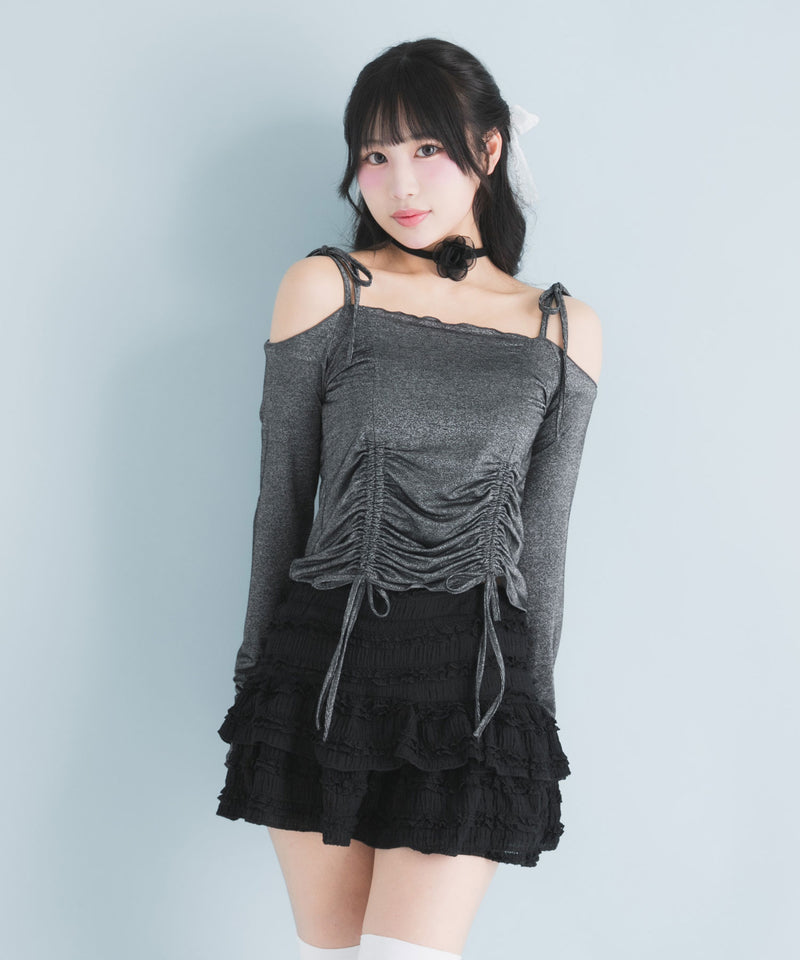 【メール便】ラメシアーオフショルカットトップス