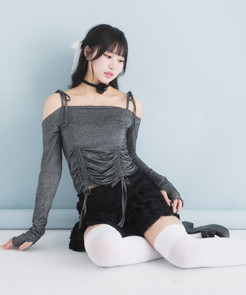 【メール便】ラメシアーオフショルカットトップス