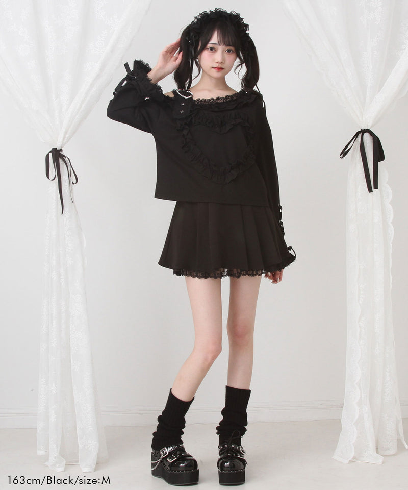 ワンショルダーハートレースフリルTシャツ