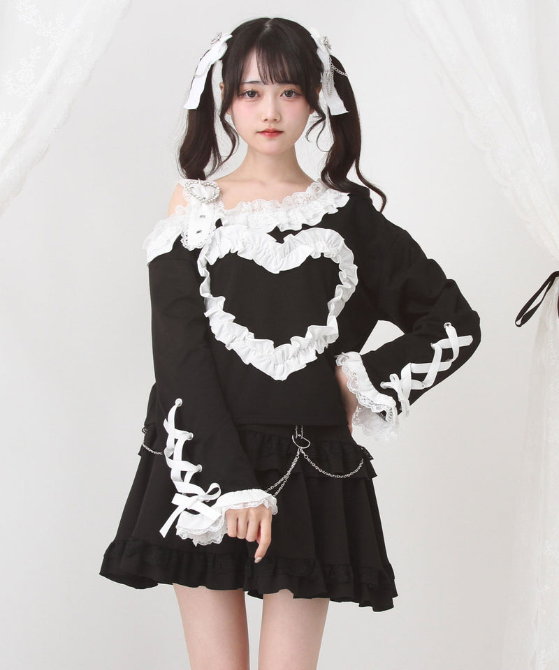 ワンショルダーハートレースフリルTシャツ