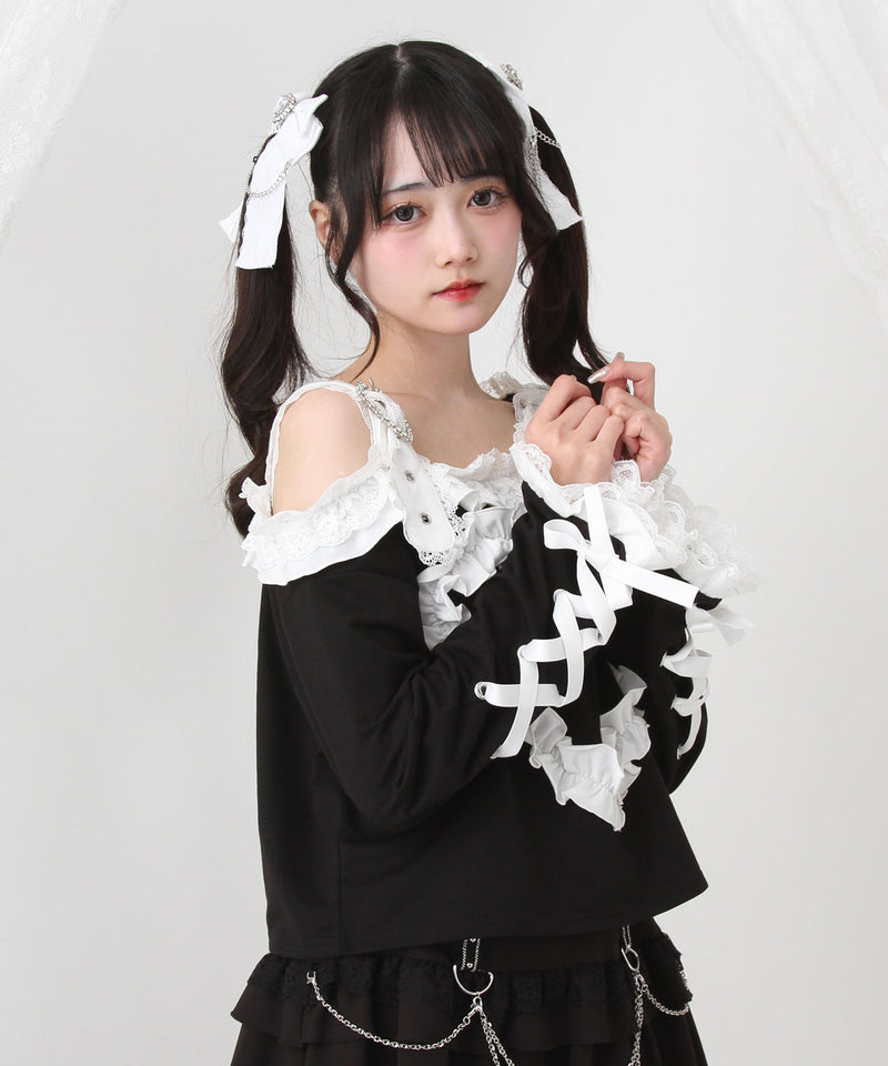 ワンショルダーハートレースフリルTシャツ