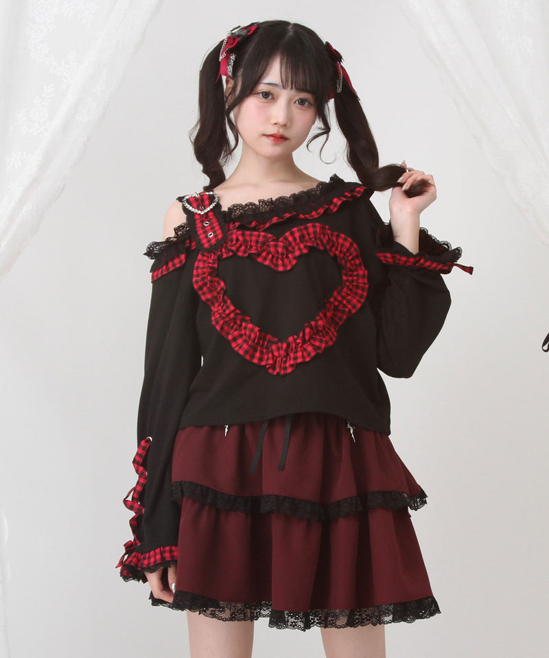 ワンショルダーハートレースフリルTシャツ